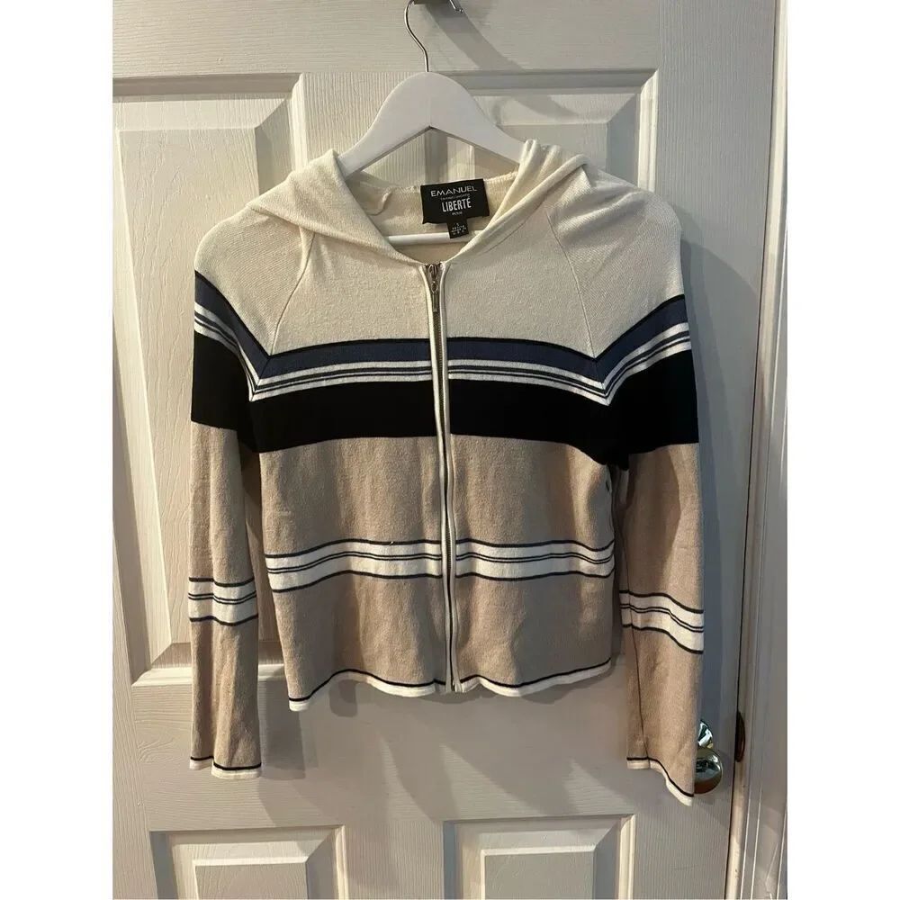 Emanuel Ungaro Liberte Light Gray Blue Black Stripe Zip up Hoodie Sweater Sz SP
